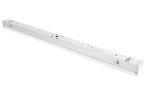Metallic linear light fixture on white background.