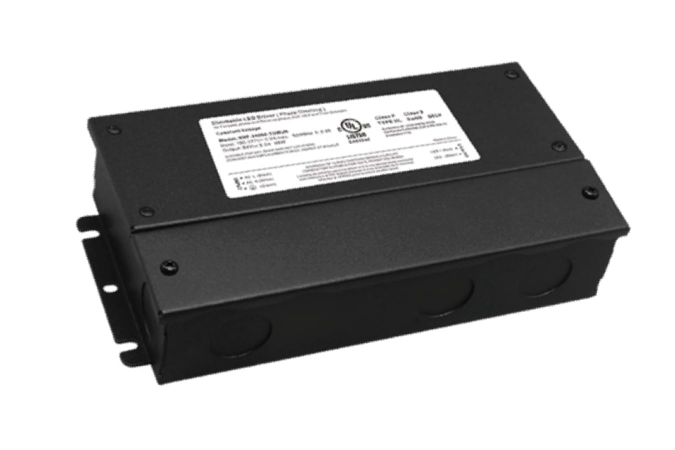 Black electrical transformer box with label.