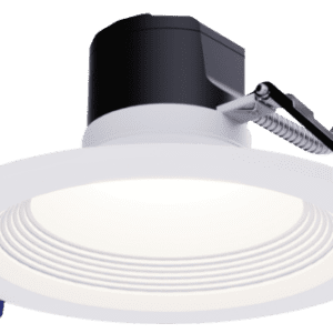 Recessed LED ceiling light with white trim.