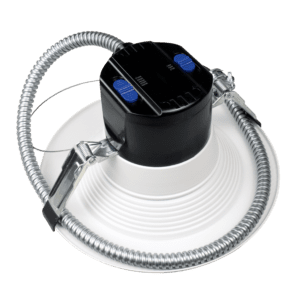 Round LED downlight with flexible conduit cable.