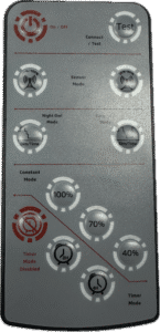 Remote control with various mode buttons.