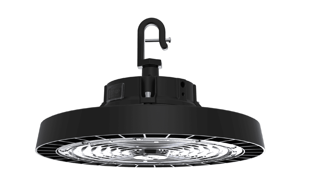 Black industrial LED hanging light fixture.