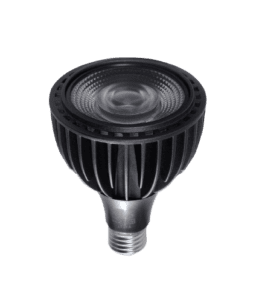 Black LED spotlight bulb on white background.