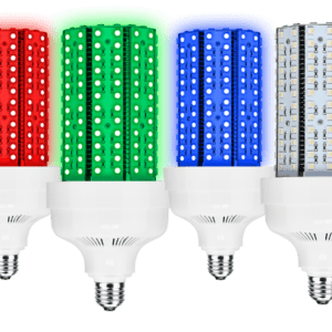 Red, green, blue, and white LED bulbs.