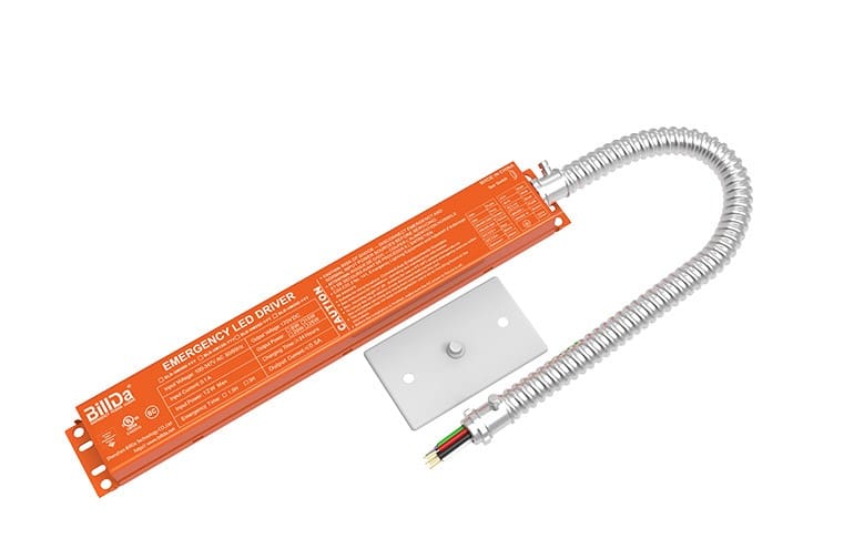 Orange emergency LED driver with flexible conduit.