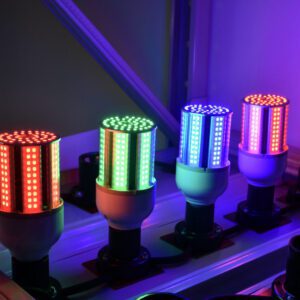Colorful LED lights on display stand.