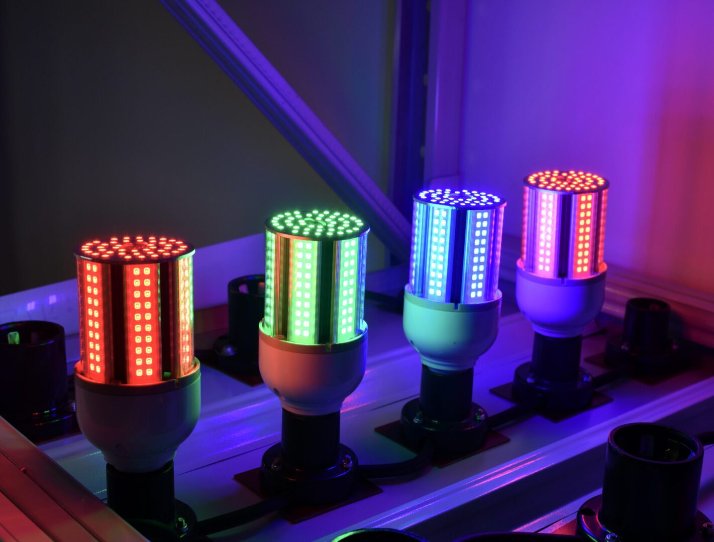 Colorful LED lights on display stand.
