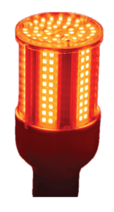 Red LED light bulb glowing brightly.