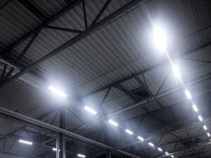 Industrial ceiling with bright fluorescent lights.
