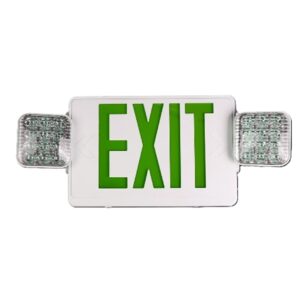 Emergency exit sign with lights attached.