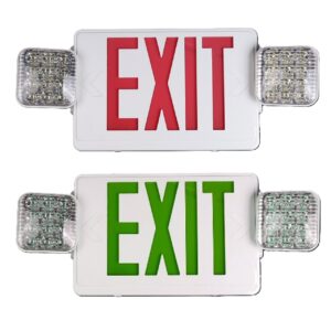 Red and green exit signs with lights.