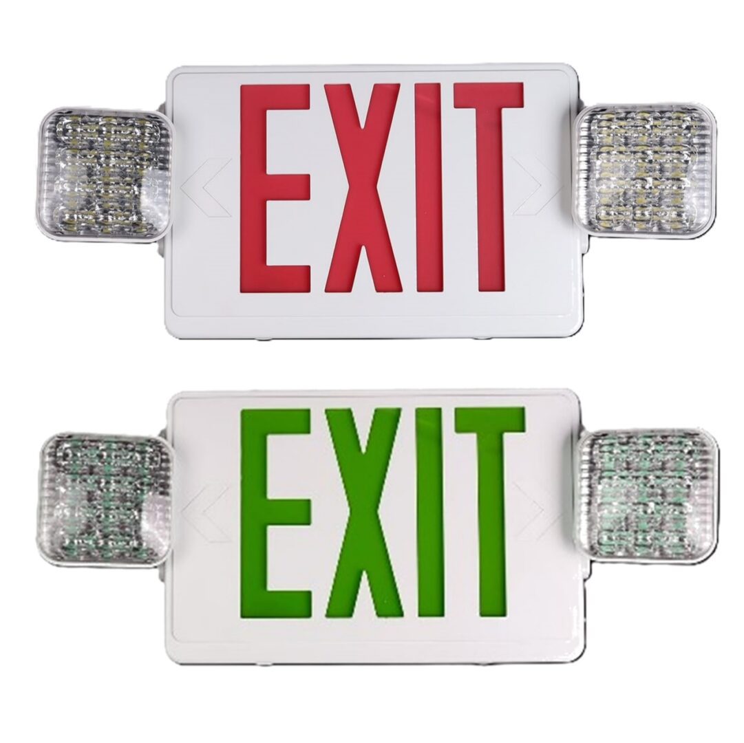 Red and green exit signs with lights.