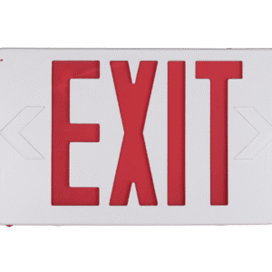 Red exit sign with white background.