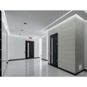 Minimalist hallway with modern lighting and doors.