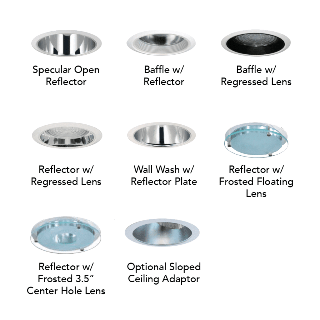 Various recessed lighting reflector options displayed.