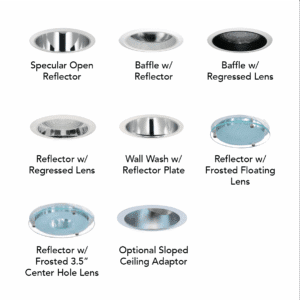 Various recessed lighting reflector options displayed.
